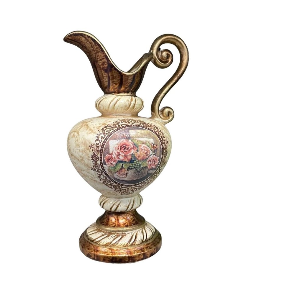Veneto Decorative Vase‎ Ceramic Floral Gold Plated Trim Italy 6.5 in Collectible